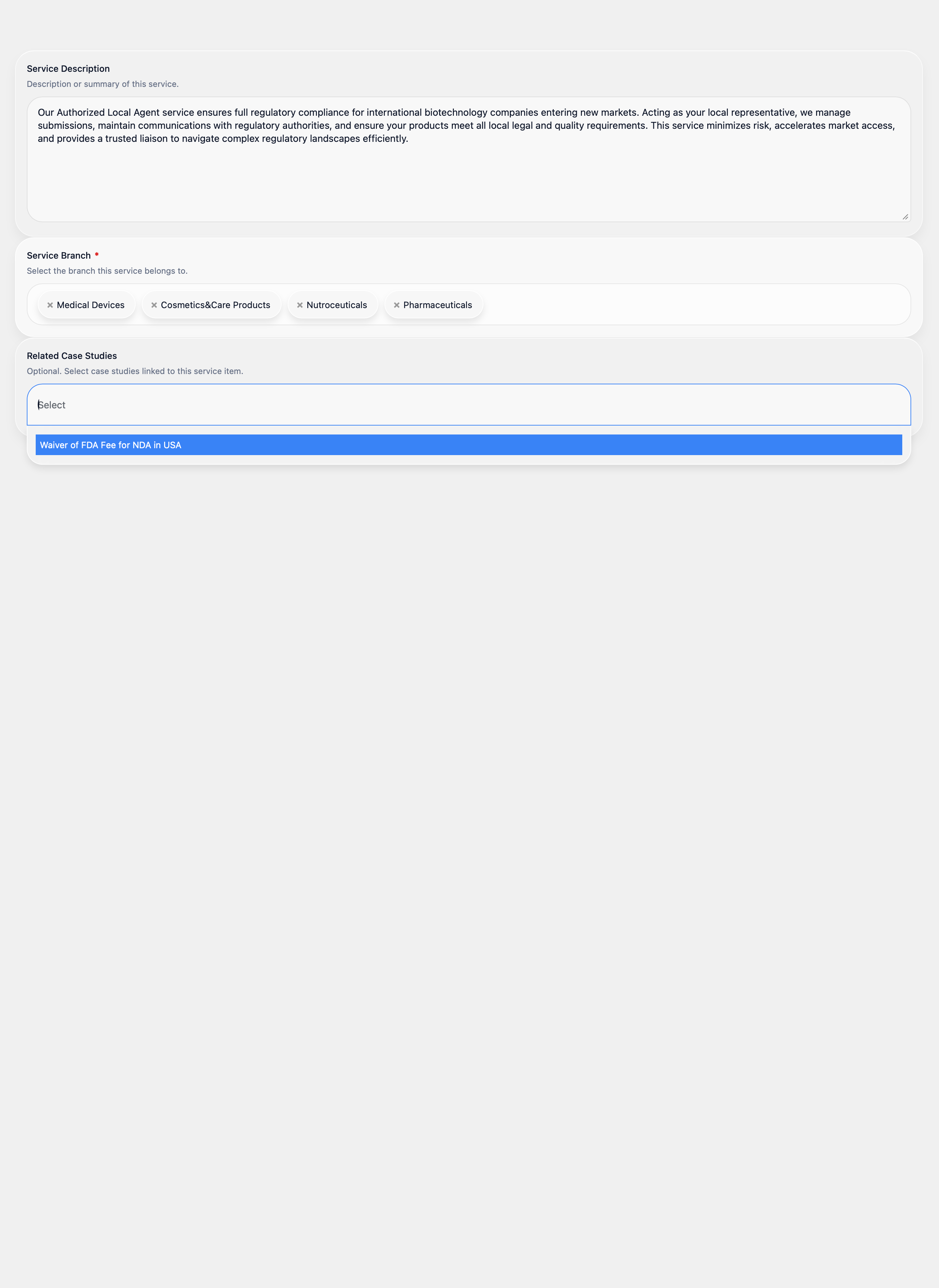 Screenshot of a headless CMS architecture showing backend pages with services and case studies connections, illustrating structured content management.